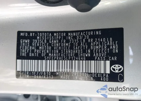 2020 Toyota Corolla Le from USA, damaged, VIN 5YFEPRAE5LP124646
